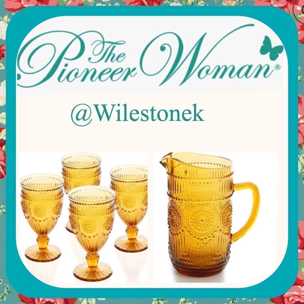Rare - The Pioneer Woman Adeline Amber Glass Pitcher & 4 Glass Goblets